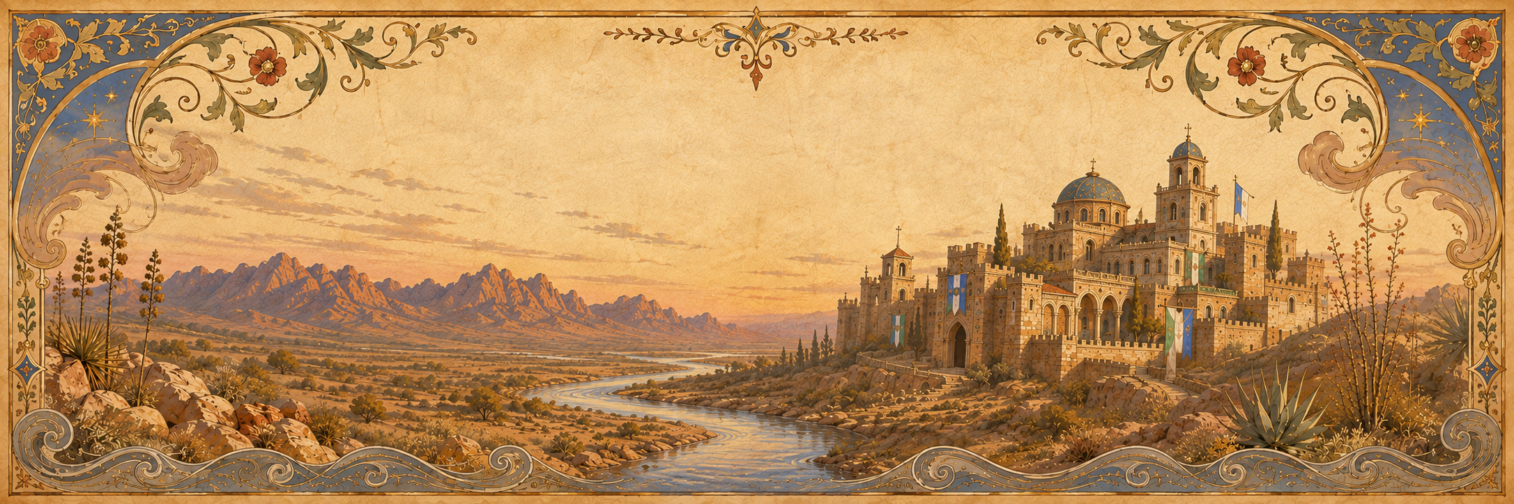 Desert evening castle and river banner